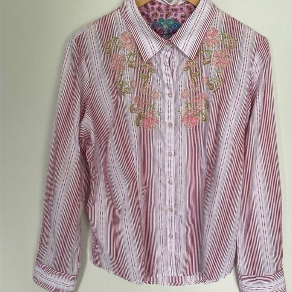 Robert Graham Woman’s Pink Striped Floral Embroidered Button Down Shirt